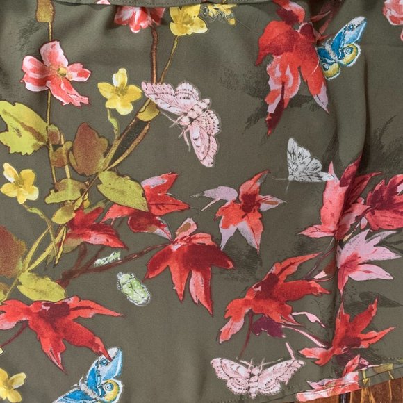Maeve Off Shoulder Ruffle Tropical Flower Print Olive Green Small Blouse Top EUC - Picture 8 of 12